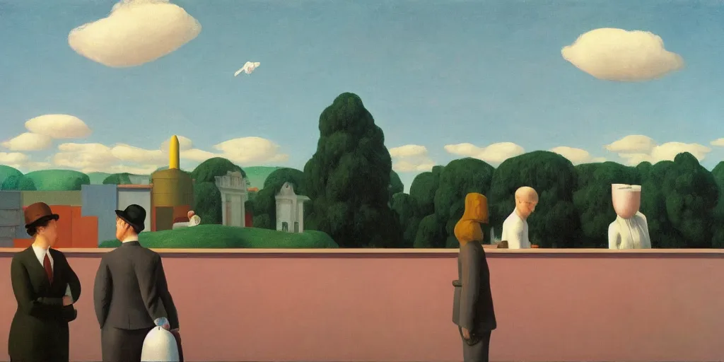 Prompt: three peculiar people pictured in afternoon light, clouds, bird, open ceiling, strange foreign objects, surrealist oil painting by edward hopper, chirico and rene magritte