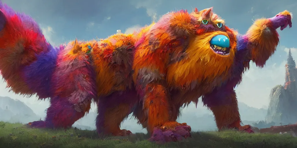 Image similar to big friendly furry monster, colorful, character sheet, greg rutkowski, zabrocki, karlkka, jayison devadas, trending on artstation, 8 k, ultra wide angle, zenith view, pincushion lens effect