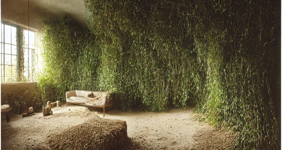 Image similar to IKEA catalogue photo, high end farm house style living room, sand piled in corners, dust, organic, vines, overgrown, tropical, by Beksiński