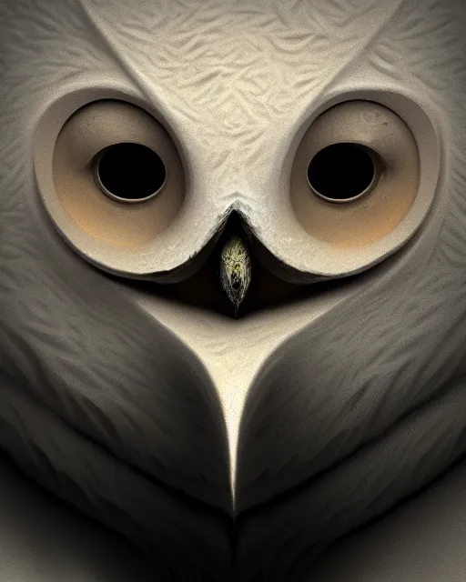 Image similar to an extremely detailed masterpiece surreal closeup of a snow owls face, in the style of brian froud, brian despain, brian bolland, digital art, unreal engine, volumetric lighting, dark moody lighting, post apocalyptic, 4 k