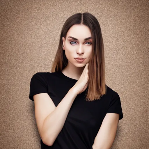 Prompt: clear photorealistic mockup product photograph of a blank black tshirt on an attractive female model in front of a living room background - h 7 0 4