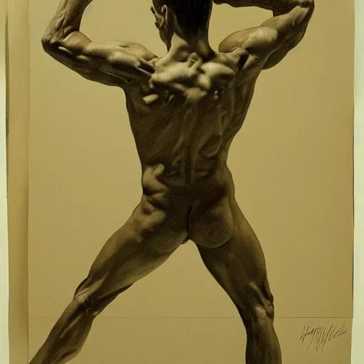 Image similar to an artistic pencil study of a young male body, full body, dynamic pose, berne hogarth, david hockney