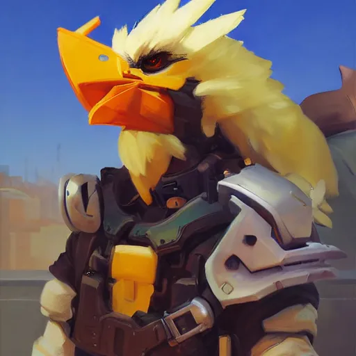 Image similar to greg manchess portrait painting of fully armed chocobo as overwatch character, medium shot, asymmetrical, profile picture, organic painting, sunny day, matte painting, bold shapes, hard edges, street art, trending on artstation, by huang guangjian and gil elvgren and sachin teng