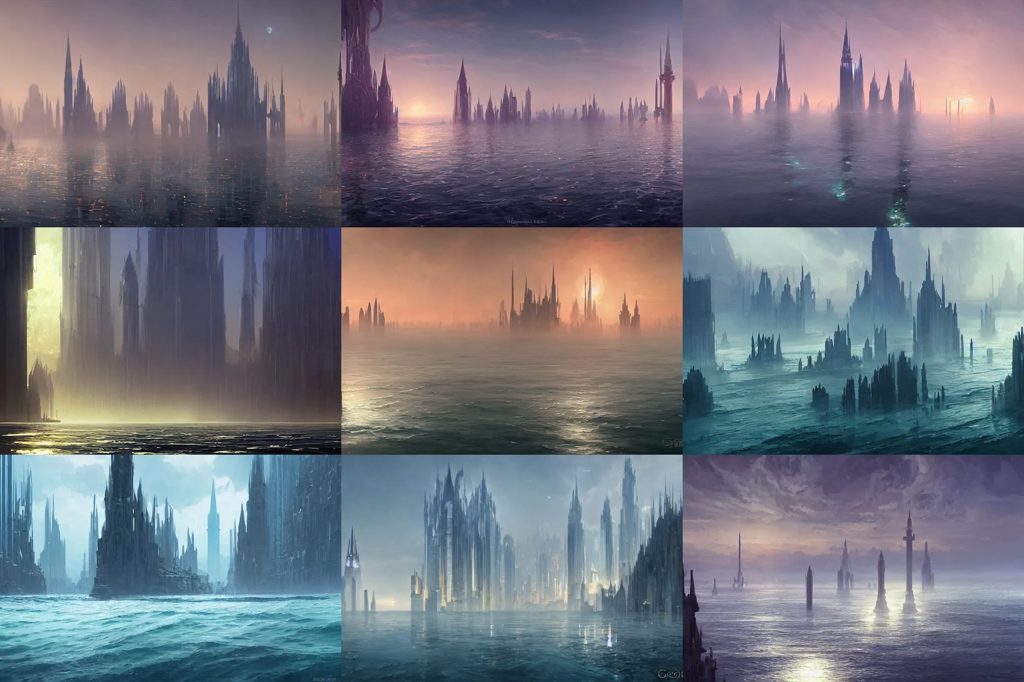 Prompt: Submerged ocean city of glass and spires, digital painting by Greg Rutkowski and James Gurney