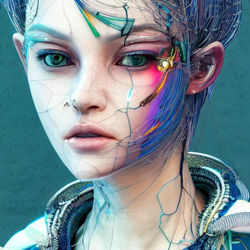 Prompt: the portrait of an absurdly beautiful, graceful, sophisticated, fashionable cyberpunk gravure idol, an ultrafine hyperdetailed illustration by kim jung gi, irakli nadar, hanna moon, cy twombly, intricate linework, bright colors, collage, porcelain skin, unreal engine 5 highly rendered, cgsociety, global illumination, radiant light, detailed and intricate environment