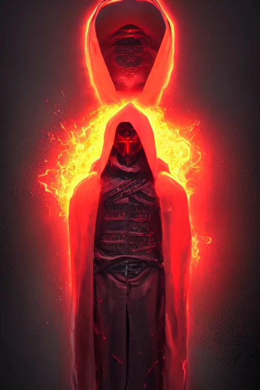 Prompt: a full body portrait of a mysterious samurai long hooded cloak, blood, auras, burning embers, by maciej kuciara and jason chan, ominous, cosmic horror, trending on artstation, ultra detailed, hyper realistic 4 k, volumetric light