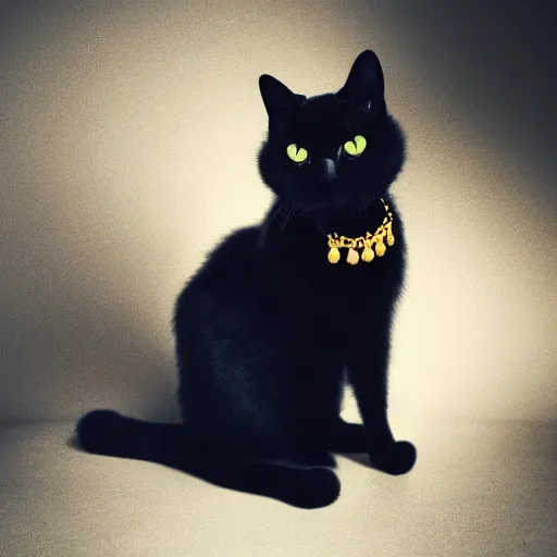 Image similar to Magestic Black cat wearing gold Jewlery, award winning photo, dramatic lighting