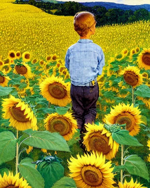 Prompt: boy standing on a hill looking down into the valley of sunflower fields, hills, cliffs, yellow sunflowers flower boy album cover by norman rockwell