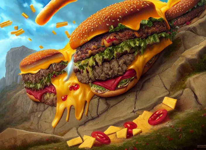 Prompt: a huge cliff with cheeseburgers pouring off it in a rain of cheeseburgers, nature painting, elegant intricate digital painting artstation concept art by mark brooks and brad kunkle detailed