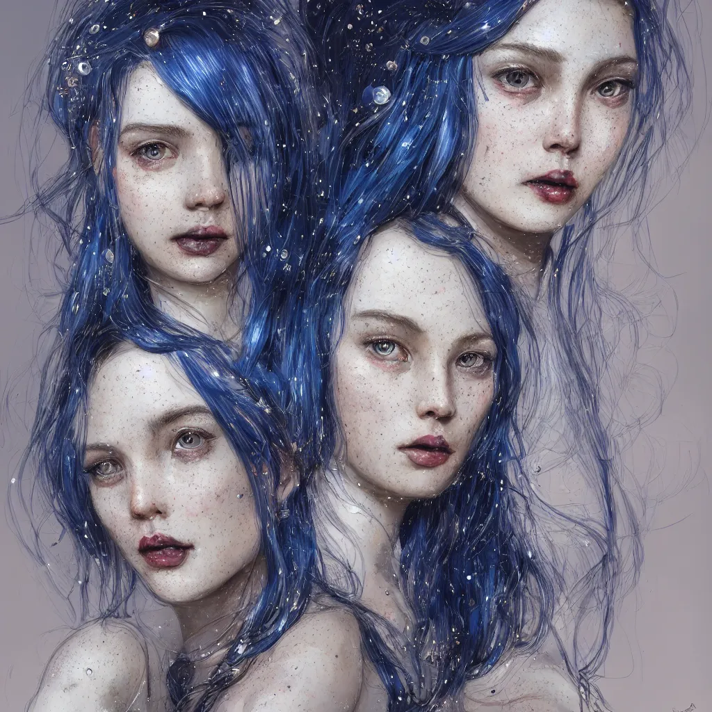 Image similar to a highly detailed portrait of an attractive girl with blue celestial hair and dark lipstick and freckles, wearing a sparkling dress, by kim jung gi, irakli nadar, ruan ji, carl larsson, symmetrical features, realistic human features, trending on artstation, highly detailed, cinematic lighting, character concept art, movie poster art, movie concept art