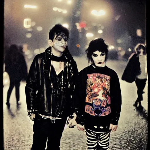 Prompt: night flash portrait photography of punk and goth kids on the lower east side by diane arbus, colorful, nighttime!, raining!