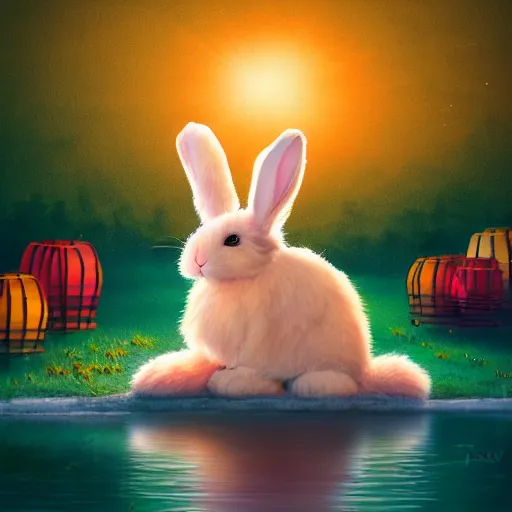 Image similar to cute fluffy tan lop eared bunny rabbit sitting by water with chinese lanterns and fireworks detailed painting 4k