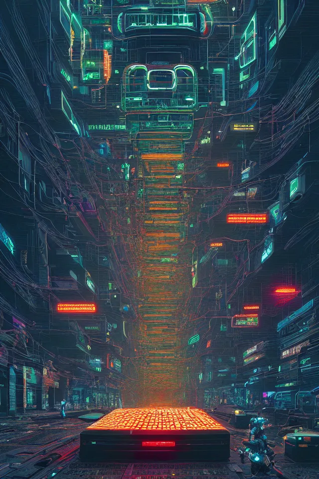 Prompt: cyberpunk mechatower made out of billions of stacked computer screens by simon stalenhag, el bosco and dan mumford, led motherboard aesthetic, omnipresent ai god, mass effect fantasy, cinematic lighting, golden hour
