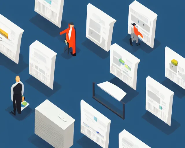 Prompt: A small group of miniature professional people standing holding computers and white papers, isometric, highly detailed, sharp lines, angular 16-color