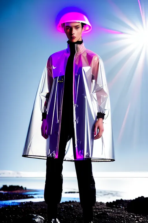 Image similar to an ultra high definition professional high fashion portrait studio full length photograph of a model wearing a transparent pearlescent raincoat and neon visor in an icelandic black rock environment at dawn. no artefacts. extremely detailed. stark. refraction. shallow depth of field. volumetric light and shadow. ray tracing. light rays.