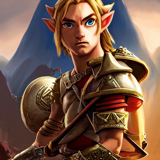Image similar to front centered symmetrical RPG avatar portrait, Link legend of zelda as a knight, blonde hair, ornate armour, dramatic lighting, cinematic, establishing shot, high detail, cinematic lighting, post processed, 8k, concept art, artstation, matte painting, in the style of eddie mendoza, raphael lacoste, alex ross