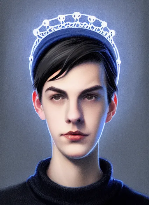 Image similar to portrait of teenage jughead jones wearing a light grey crown, crown, blue turtleneck, closed eyes, photorealistic, black hair, glowing lighting, intricate, elegant, glowing lights, highly detailed, digital painting, artstation, concept art, smooth, sharp focus, illustration, art by wlop, mars ravelo and greg rutkowski