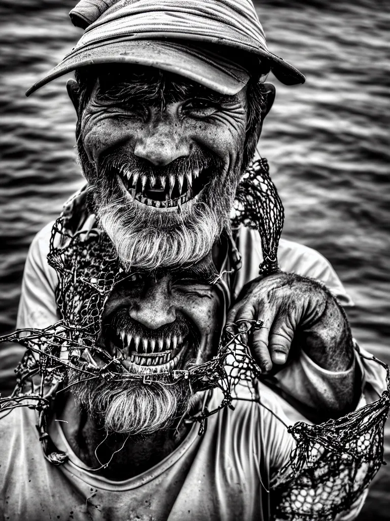 Image similar to an imperfect journalistic portrait of a fisherman, after he has caught a fractal cluster of chimeric biomechanical humans in his net. he grins proudly, baring his gargantuan razor sharp teeth like blades of a professional food processor