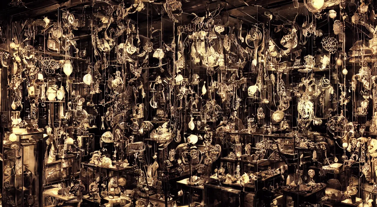 Image similar to steampunk shop window by junji ito, darkness, neon lights, photo realistic, completely filled with interesting oddities, things hanging from ceiling, light bulbs, cinematic