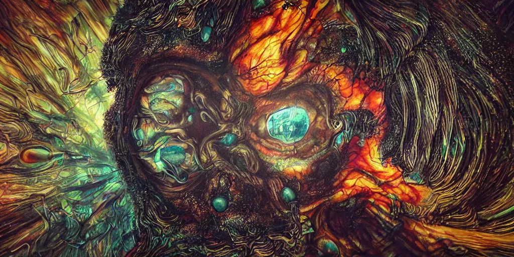 Image similar to realistic portrait of a creature experiment gone wrong, opened portal, psychedelic, dark art, facing camera, photo realistic, detailed, 1 4 5 0, delicate, hyper realism, ultra realistic, 8 k