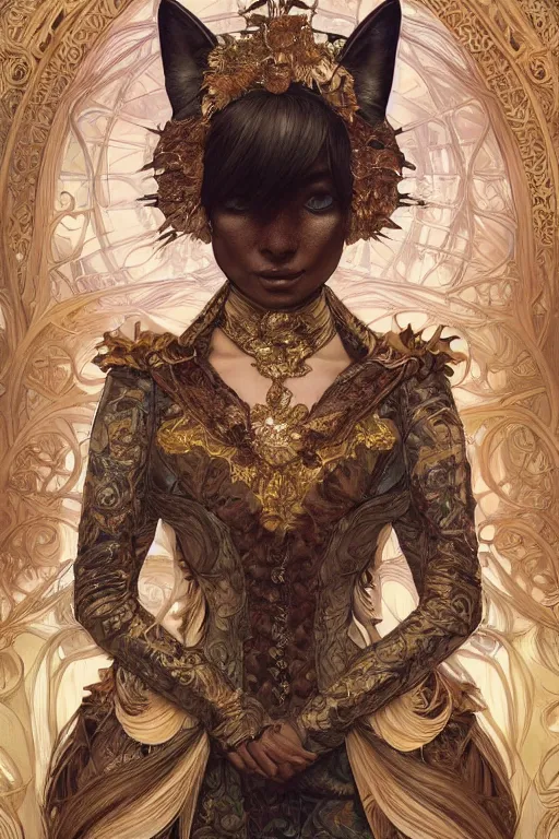 Image similar to a photographic portrait of a cat girl wearing opulent regal suit, fantasy, intricate, elegant, highly detailed, digital painting, artstation, concept art, smooth, sharp focus, illustration, art by artgerm and H R Giger and alphonse mucha