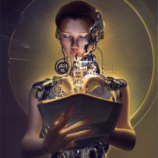 Image similar to a beautiful intricate fine art portrait photo of a happy mechanical futuristic cybernetic female cyborg reading a letter of admission held in her hands, by tom bagshaw and zach sutton, eyes light up, happiness!, perfection!, studio lighting, golden ratio composition, 50mm lens, bionic, cybernetic scifi, deep depth of field, artstation, 8K