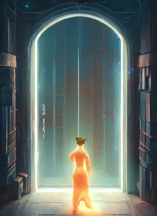 Image similar to Highly detailed and reflective chinese door, Stephen Bliss, unreal engine, fantasy art by Greg Rutkowski, Loish, Rhads, Makoto Shinkai and Lois van baarle, ilya kuvshinov, rossdraws, Tom Bagshaw, global illumination, radiant light, detailed and intricate environment