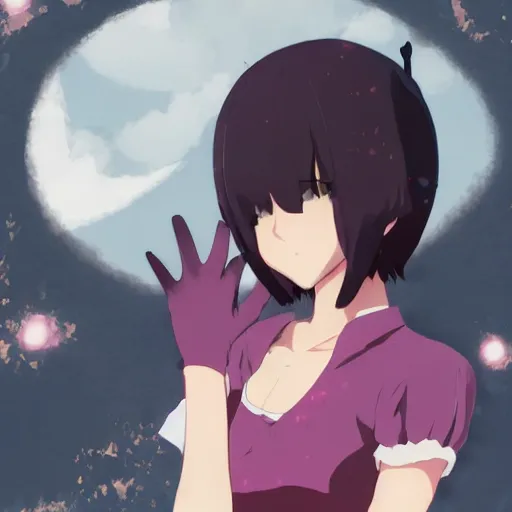 Image similar to girl, bare shoulders, detached sleeves, looking at viewer, open mouth, partially fingerless black gloves, pink background, red eyes, short hair, white hair, white shirt, white sleeves, wolf ears, artwork made by makoto shinkai