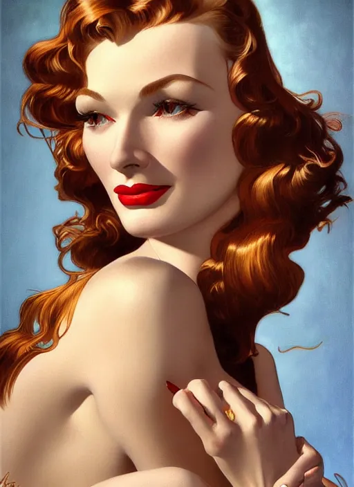 Image similar to veronica lake detailed clothing, half body shot, arms down, path traced, highly detailed, high quality, digital painting, rolf armstrong, karol bak, alphonse mucha, tom bagshaw