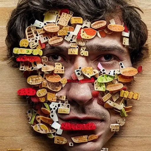 Prompt: a man's face made out of pieces of food