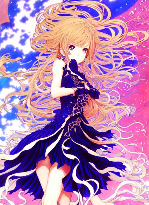 Image similar to exquisite imaginative manga poster of fate grand order, long wavy hair, rococo ruffles dress, shimmering, by shigenori soejima, minaba hideo, katsuhiro otomo, jump comics, illustration, artstation, dark fantastic, highly detailed, 8 k, fluorescent, maximalist