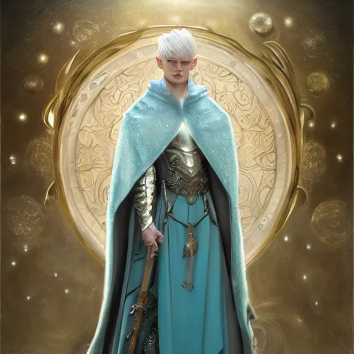 Image similar to an epic concept art of a handsome androgynous male snow elf with a bow in a turquoise cape and silver armour, albino skin, winter vibes, elegant, very coherent symmetrical artwork, by tomasz alen kopera and alphonse mucha, photorealistic, sharp focus, octane render, rtx, hdr, unreal 5, trending on artstation