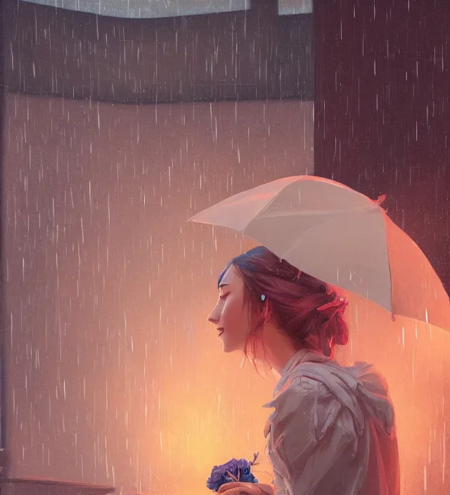 Image similar to an anthropomorphic rose watching it rains, fine details, night setting, realistic shaded lighting poster by ilya kuvshinov, katsuhiro, artgerm, jeremy lipkin, michael garmash, nixeu, unreal engine 5, radiant light, detailed and intricate environment