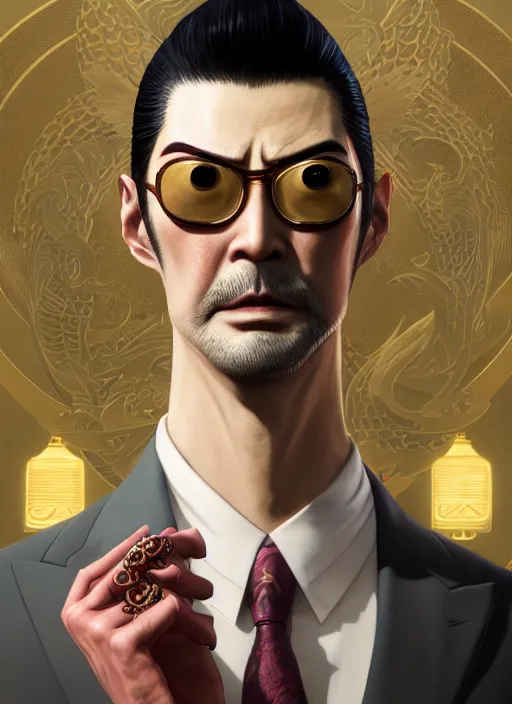 Image similar to highly detailed portrait of yakuza 0's goro majima, stephen bliss, unreal engine, greg rutkowski, loish, rhads, beeple, makoto shinkai and lois van baarle, ilya kuvshinov, rossdraws, tom bagshaw, tom whalen, alphonse mucha, global illumination, god rays, detailed and intricate environment