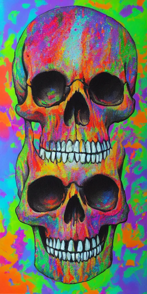 Image similar to intricate skull with dots of paint melting in to a colorful painting made of gouache impasto