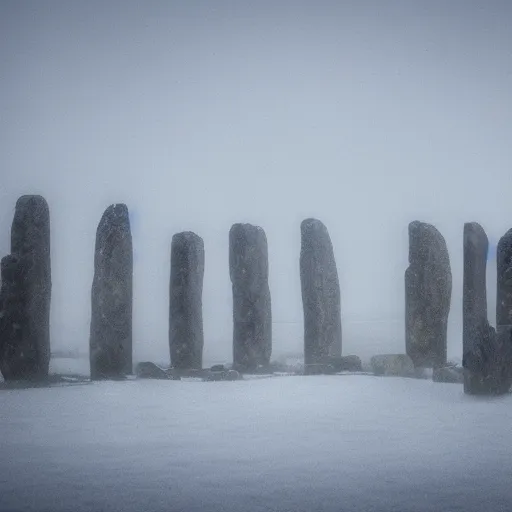 Image similar to 'a portrait of an army of cats sitting in front of the neolithic standing stones, haunting, fog, grainy, snowing, atmospheric clouds'