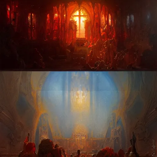 Image similar to a chapel's ceiling is broken in half as a red magical portal from hell opens up there. highly detailed painting by gaston bussiere, greg rutkowski 8 k