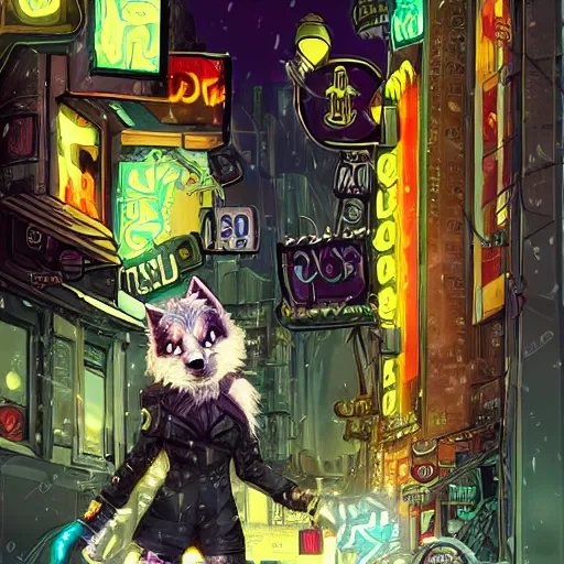 Prompt: beautiful furry art portrait commission of an androgynous furry anthro wolf fursona wearing punk clothes in the streets of a cyberpunk city at night in the snow. neon signs. character design by rick griffin, miles df, smileeeeeee, charlie bowater, ross tran, detailed, inked, western comic book art