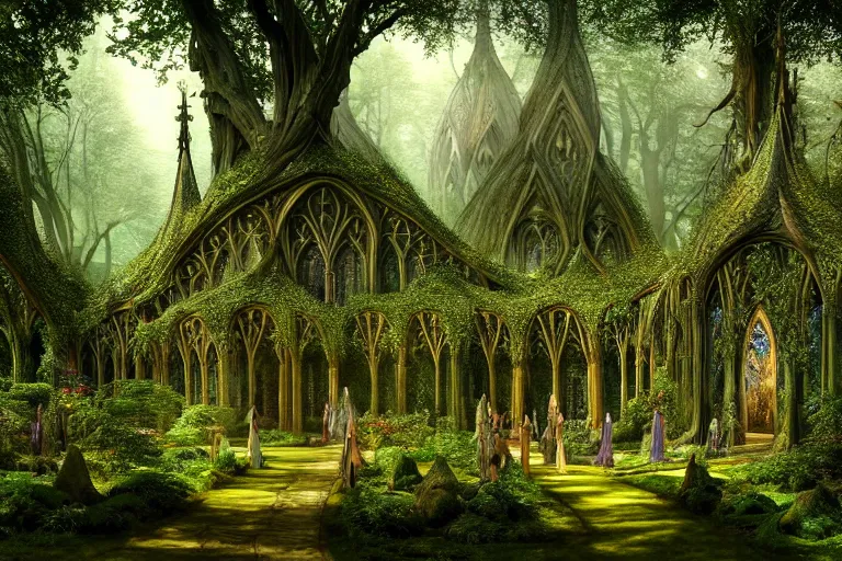 Prompt: a beautiful and highly detailed digital painting of an elven cathedral in a beautiful garden in a mystical forest, lothlorien, rivendell, mirkwood, celtic designs, intricate details, epic scale, hyperdetailed, hyperrealism,, artstation, cgsociety, 8 k, sharp focus, by caspar friedrich, james gurney, brian froud,