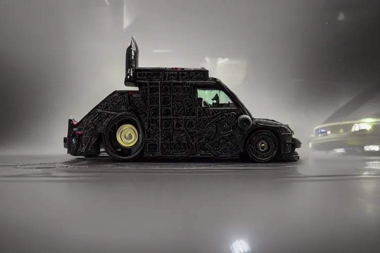 Image similar to a 2 8 mm closeup photo of a tesla cybertruck a on wet floor of a photo studio, intricate, hyper detailed, smooth, high contrast, volumetric lighting, octane, moebius, greg rutkowski, blade runner, ripley scott, synthwave, cinematic