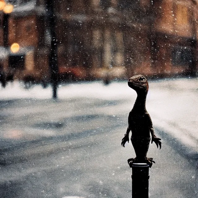 Prompt: a beautiful photo by saul leiter of a tiny dinosaur standing in the street, tiny gaussian blur, insanely detailed, insanely intricate, insanely beautiful, depth of field, low contrast, snowy, wide aperture