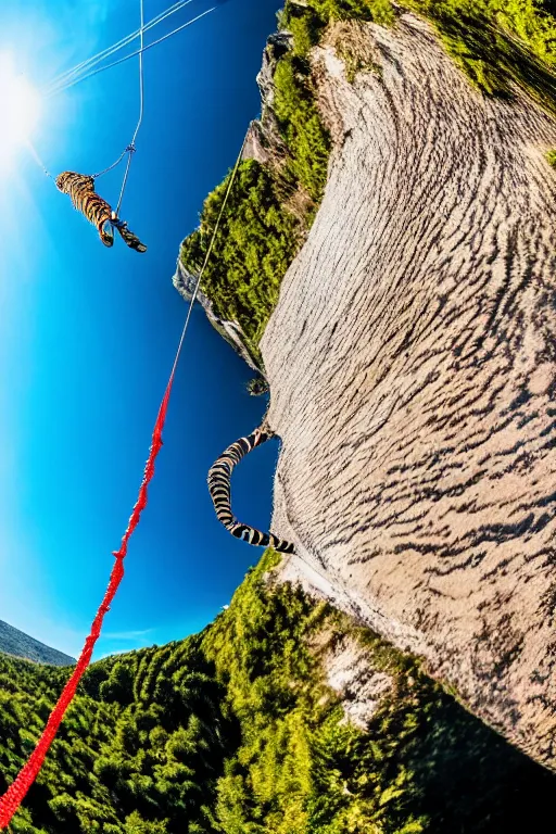 Image similar to bungee jump of a tiger suspended by a large parachute jumping from a mountain cliff, wide angles lens