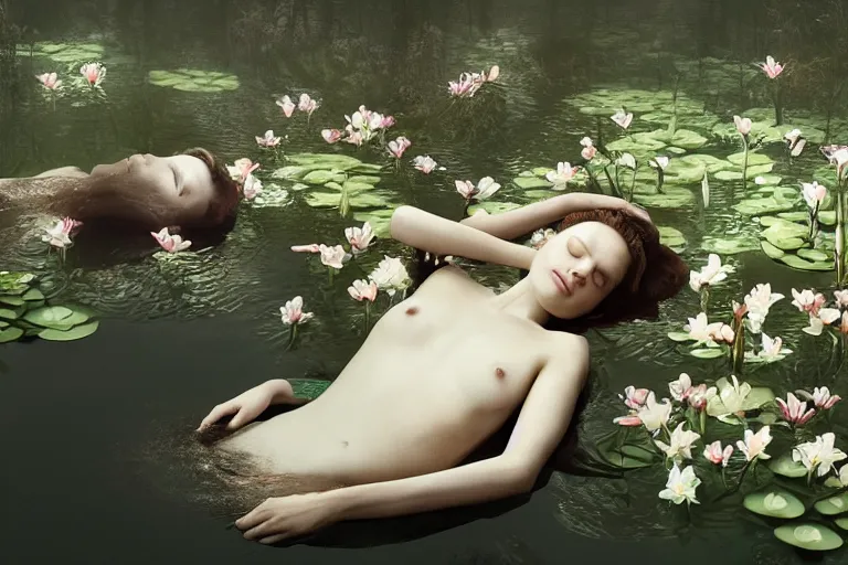 Image similar to cinematic 3 d portrait of a woman's porcelain head and shoulders floating in a pond, surrounded by a forrest of lillies, deep focus, intricate, elegant, highly detailed, matte, sharp focus, by bill henson and gregory crewdson and james jean