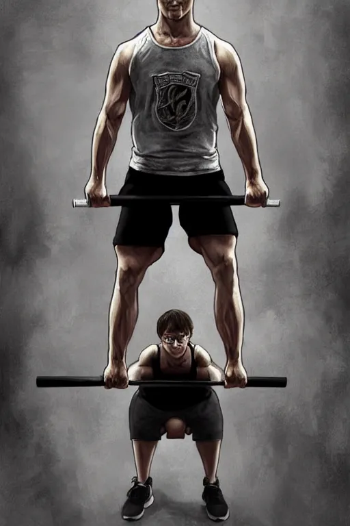 Image similar to highly detailed rendering of Daniel Radcliffe as Harry Potter doing barbell back squats, dingy workout gym, wearing a muscle tee shirt, muscular deep squats, symmetrical, highly detailed, digital painting, artstation, concept art, smooth, sharp focus, illustration, cinematic lighting, art by artgerm and greg rutkowski and alphonse mucha