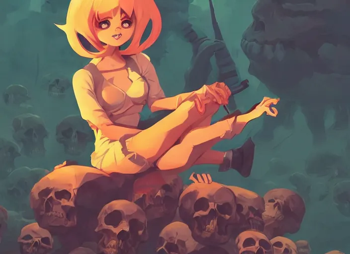 Image similar to cute smiling demon sitting on a pile of skulls. clean cel shaded vector art. behance hd by lois van baarle, artgerm, helen huang, by makoto shinkai and ilya kuvshinov, rossdraws, illustration, art by ilya kuvshinov