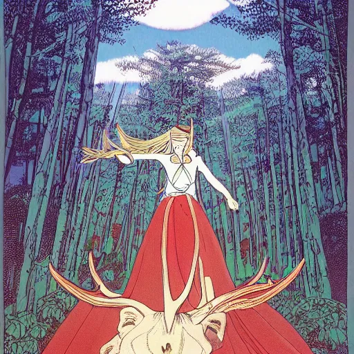 Image similar to illustration of a magical tribal sorceress on a huge majestic stag in a forest by hayao miyazaki and jean giraud moebius