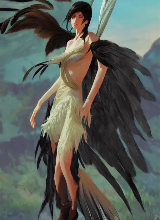 Image similar to concept art painting of a harpy with black feathers, pirate clothes, detailed, realistic, cel shaded, in the style of makoto shinkai and james gurney and alphonse mucha and greg rutkowski and artgerm