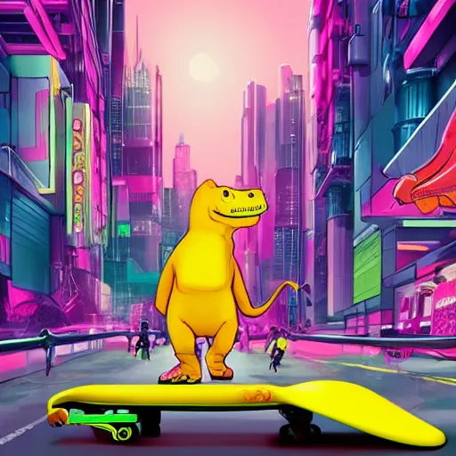 Image similar to a yellow dinosaur on a skateboard chasing a pink cat in a futuristic city, in the style of cyberpunk