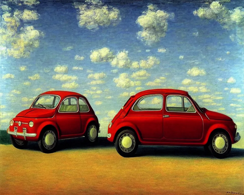 Image similar to achingly beautiful painting of a fiat 5 0 0 by rene magritte, monet, and turner. whimsical.