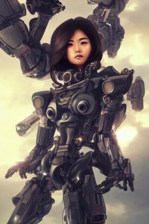 Prompt: a young attractive Asian woman piloting a mecha, dramatic pose, highly detailed, volumetric lighting, digital art, in the style of Artgerm and Tom Bagshaw